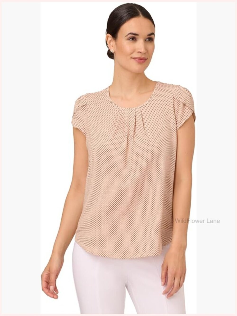 Printed Petal Sleeve Knit Top Blouse Short Sleeve Round Neck